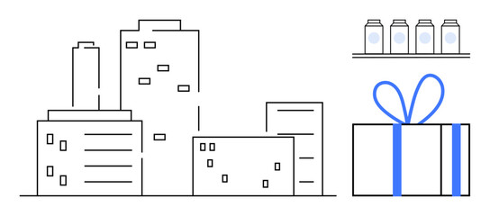 City buildings with multiple windows, large gift box with bow, shelf with four jars. Ideal for urban lifestyle, holiday, celebration, business, architecture gifting retail themes. Line metaphor