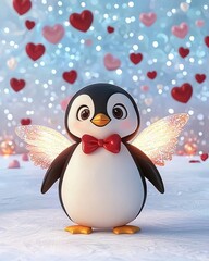 Fototapeta premium Penguin Cupid on ice, with shimmering wings and a glowing bow, snowy Valentine's day setting, 3D illustration
