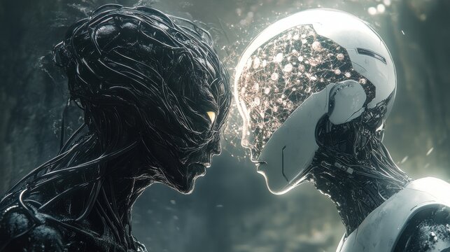 Organic and mechanical beings face each other.