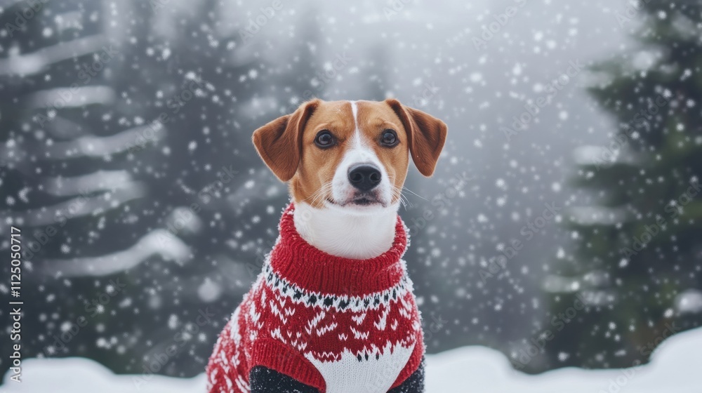 Aufkleber a charming dog dressed in a warm winter sweater is seated in a snowy setting, surrounded by trees an