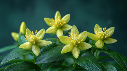 Fototapeta premium Vibrant green flowers with yellow centers surrounded by lush leaves create serene and calming atmosphere, perfect for nature lovers