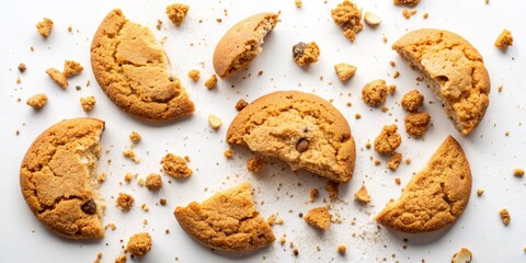 Crumbly Cookies A Flat Lay of Broken Brown Sugar Cookies and Crumbs on White