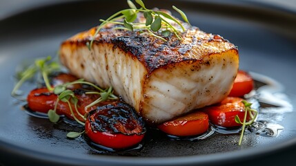 Barramundi, a succulent fish fillet, is beautifully seared to perfection, served atop roasted cherry tomatoes with fresh microgreens, offering a delightful gourmet presentation.