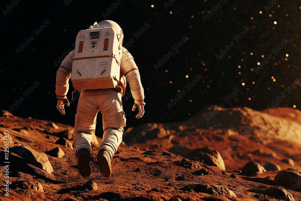 Wall mural in the foreground is an astronaut running towards mars, against black sky and red planet background