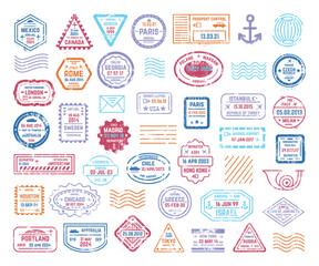 Travel stamps. Retro post stamp, arrival departure marks in passport or documents. Insignia for letters parcels postcards envelopes, postage neoteric vector set