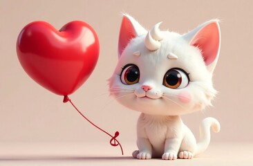 Fototapeta premium Happy Valentine's Day. Cute white cartoon character Cat sitting next to heart shaped red balloon. Advertising banner, funny poster for holiday sale, greeting card. Space for text, copy space