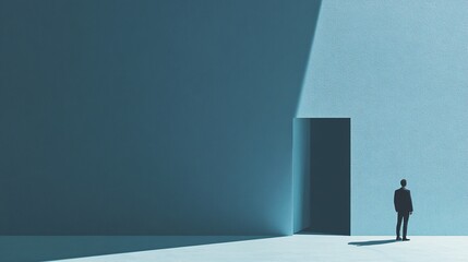 Obraz premium Businessman looking at open door in blue wall in empty room