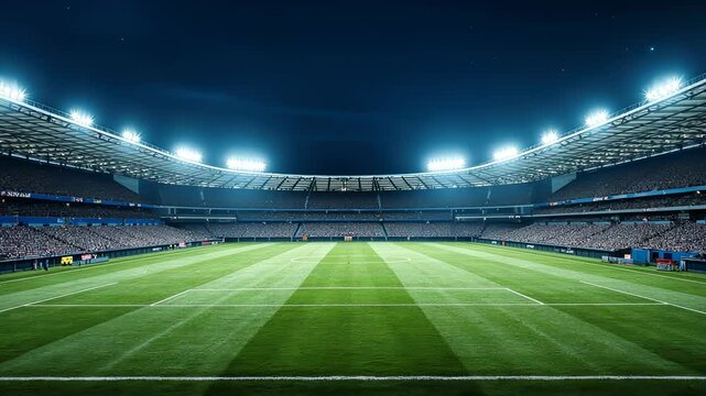 Exploring empty green football pitch at stadium at night