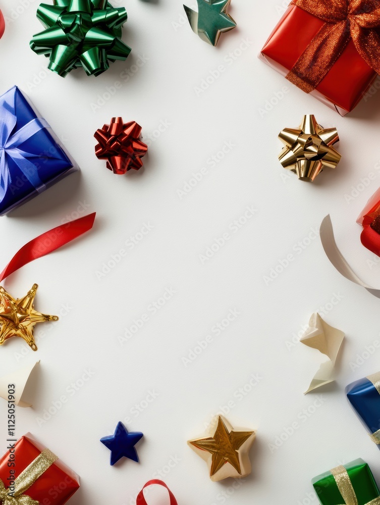 Poster Flat lay arrangement of colorful gift wrapping supplies including paper, ribbons, and decorative items with ample space for custom text. Generative AI