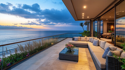 Fototapeta premium Luxurious ocean-view balcony with sleek modern furniture, glass coffee table, neutral stone tiles, clear glass railing, potted plants, and ambient recessed lighting for a sophisticated