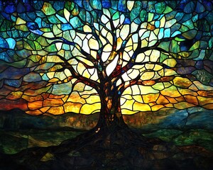 Vibrant stained glass tree of life artwork with sunset landscape.