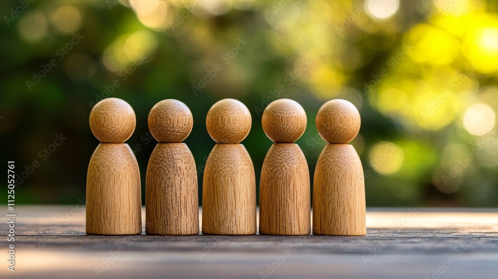 Poster five wooden figures standing together on a wooden surface with green bokeh background