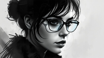 Fototapeta premium Data technology woman with eye glasses portrait. Some elements are made using images obtained with the help of generative Ai technologies. Close-up.