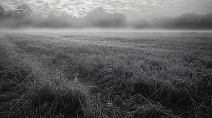 Fog slowly lifting from fields revealing dewy grass.