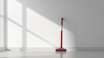Red broom in minimalist room with sunlight against white wall, emphasizing house cleaning concept.