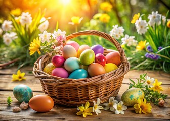 Colorful Easter Eggs in a Beautiful Woven Basket Surrounded by Spring Flowers Perfect for Celebrating Easter and Springtime Traditions in Your Home Decor or Holiday Events