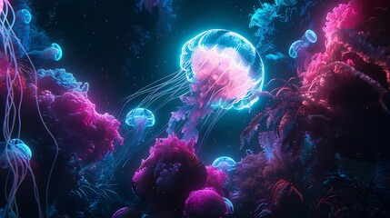Naklejka premium A glowing jellyfish floating in a dark ocean, surrounded by bioluminescent creatures.