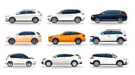 Flat vector car rental service icon set featuring multiple vehicle types with vibrant, professional design