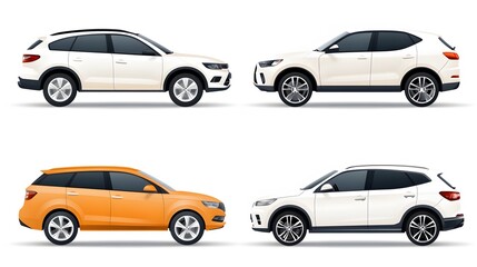 Fototapeta premium Flat vector car rental service icon set featuring multiple vehicle types with vibrant, professional design