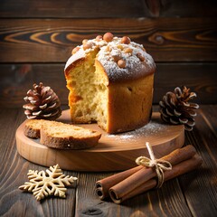 Fototapeta premium Slices of sweet, fluffy holiday bread sit beside pinecones and spices. The bread is dusted with powdered sugar and adorned with colorful nuts, creating a festive atmosphere