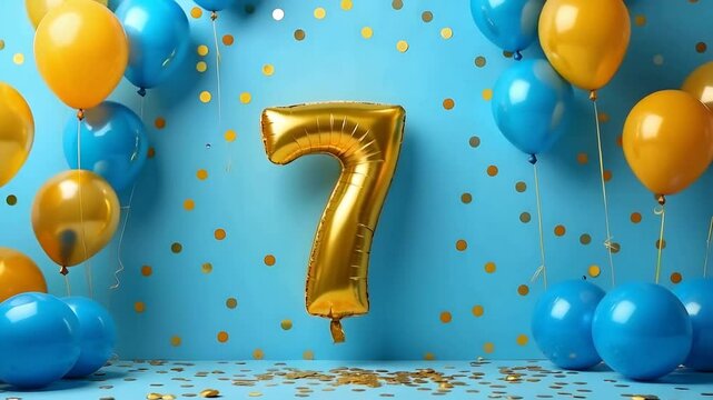 A blue and gold 7th birthday anniversary celebration with balloons and confetti	
