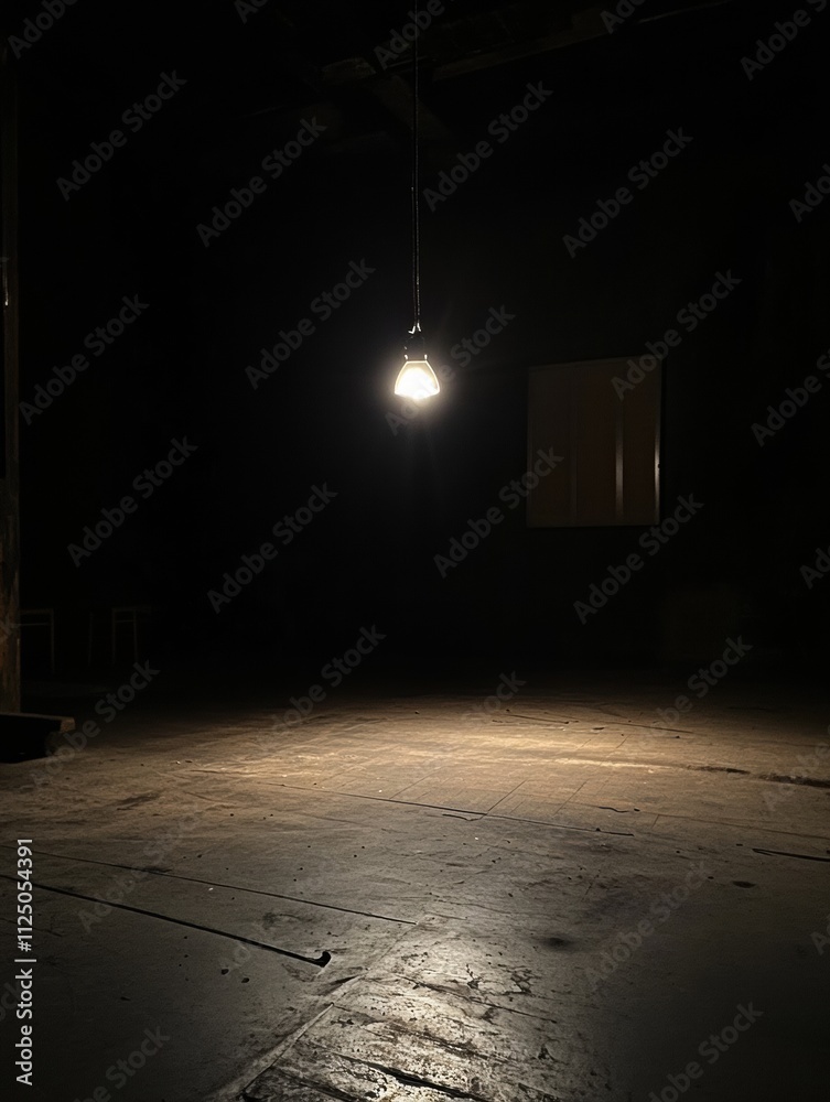 Poster In a dark, empty room, a small light source hangs from above, casting a soft glow on the floor, evoking feelings of abandonment and isolation. Generative AI