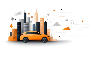 Flat vector car poster for urban mobility featuring compact cars, cityscape elements, and clean typography