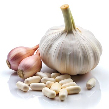 Clusters of fresh garlic and shallots surround various garlic supplements, showcasing their health benefits and culinary charm in a clean, bright setting