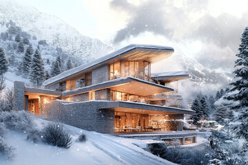 Luxury mountain resort with chalet-style architecture, nestled in the landscape