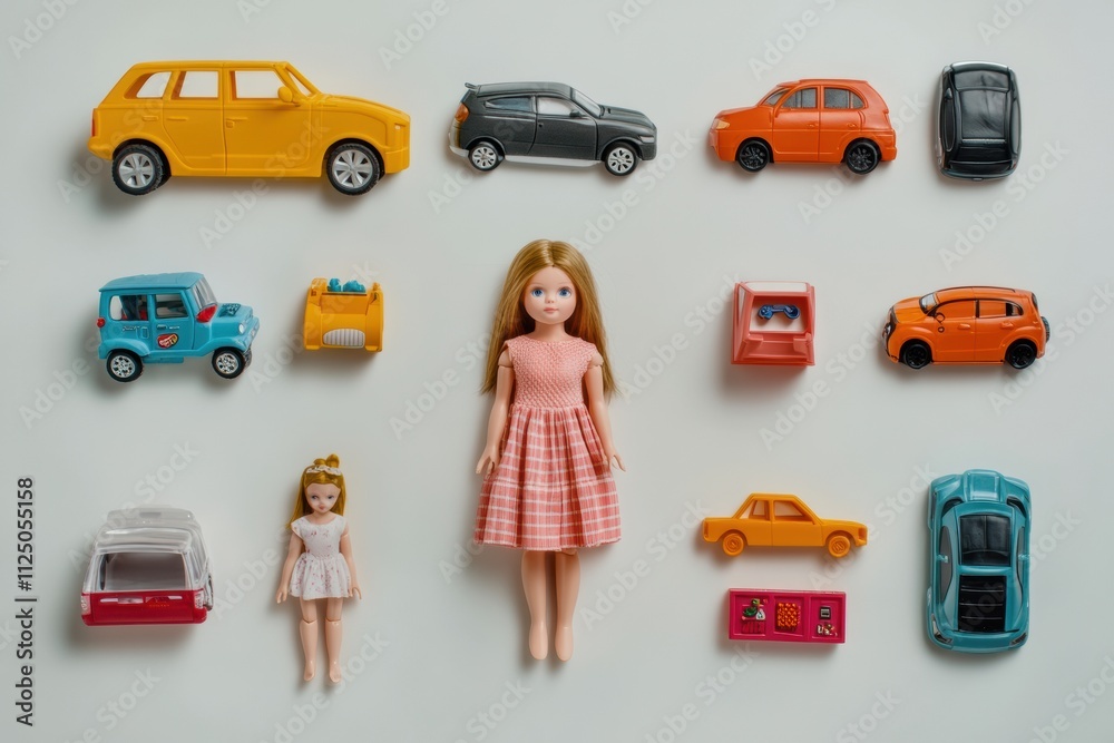 Aufkleber Flat lay display features vibrant toy cars, blocks, and dolls, creating a playful arrangement with open space for text or creative ideas. Generative AI