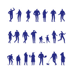 Collection of flat black silhouette people vectors featuring diverse poses and actions. Perfect for creative designs, posters, and illustrations