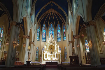 Fototapeta premium Cathedral interior with vaulted ceilings and stained glass, representing spirituality