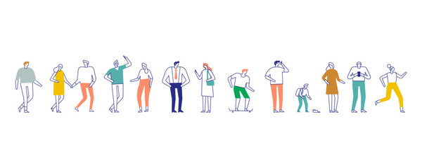 Naklejka premium Line art city people bundle isolated on white background. Collection of silhouette people vectors featuring diverse poses and actions. Perfect for creative designs, posters and illustrations