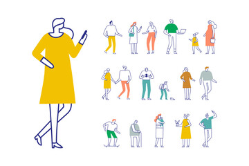 Line art city people bundle isolated on white background. Collection of silhouette people vectors featuring diverse poses and actions. Perfect for creative designs, posters and illustrations