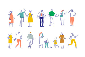 Fototapeta premium Line art city people bundle isolated on white background. Collection of silhouette people vectors featuring diverse poses and actions. Perfect for creative designs, posters and illustrations