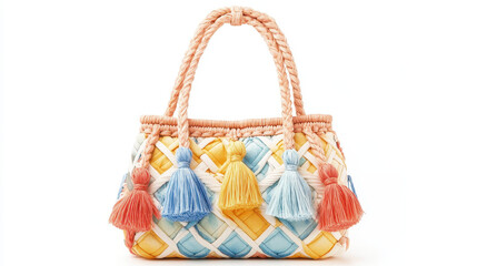 Colorful woven handbag with tassels, perfect for summer outings