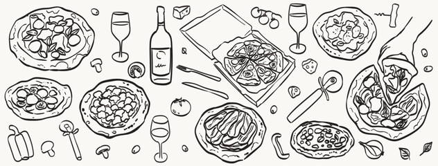 Hand drawn crayon food illustration. Sketch style lunch or dinner icons. Vector of wine, italian pizza Illustrations for invitations, pizzeria or cafe menus and parties. La dolce vita italian style.