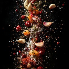Dynamic mix of spices and ingredients against a black background.