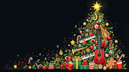 Obraz premium Festive Musical Christmas Tree: Instruments, Notes, Holiday Decorations, Twinkling Lights, and Vibrant Holiday Magic