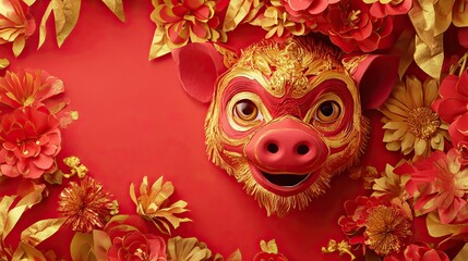 Vibrant pig mask surrounded by red and gold flowers celebrating chinese new year festivities