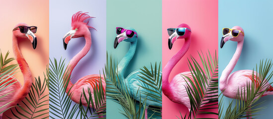 Happy Birthday, summer party, travel carnival festive celebration, funny animals card - Group collection set of colorful flamingos with sunglasses and palm tree leaves on color background