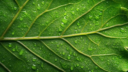 Fototapeta premium Green Leaf Surface Water Droplets Close Up