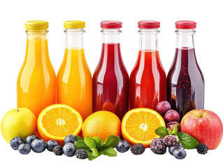 Colorful juice bottles with fresh fruits on white background