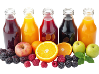 Colorful juice bottles with fresh fruits on a white isolate background.