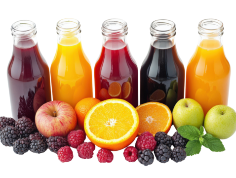 Colorful juice bottles with fresh fruits on a white isolate background.