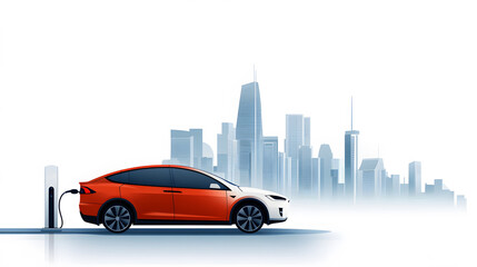 Flat vector of an electric car at a charging station with a vibrant city skyline in the background