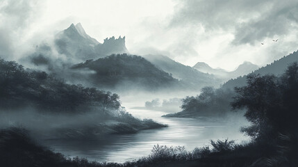 Obraz premium Fog-drenched landscapes painted in shades of gray, a somber beauty.