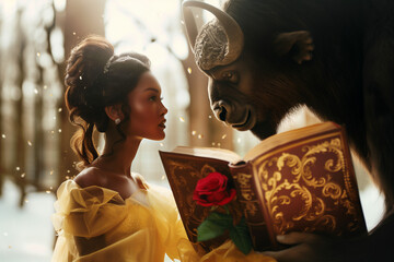 Fairytale beauty character with a huge mythical beast with horns, a book and a rose.  Horizontal landscape format wallpaper photo illustration.