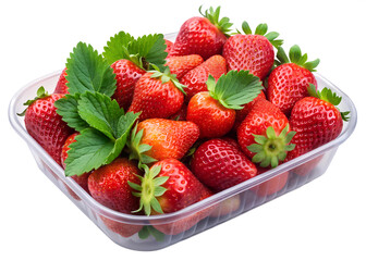 Fresh Ripe Strawberries in a Plastic Tray with Green Leaves – High-Quality Stock Image