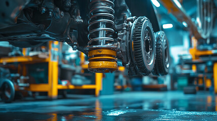 Car and automobile suspension system, shock absorber part in garage, vehicle steel components for repair and maintenance, mechanic service expertise.